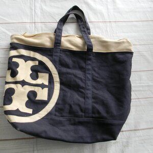 Tory Burch XL LOGO BEACH NAVY BLUE CANVAS Tote Bag BEACH WORK TRAVEL